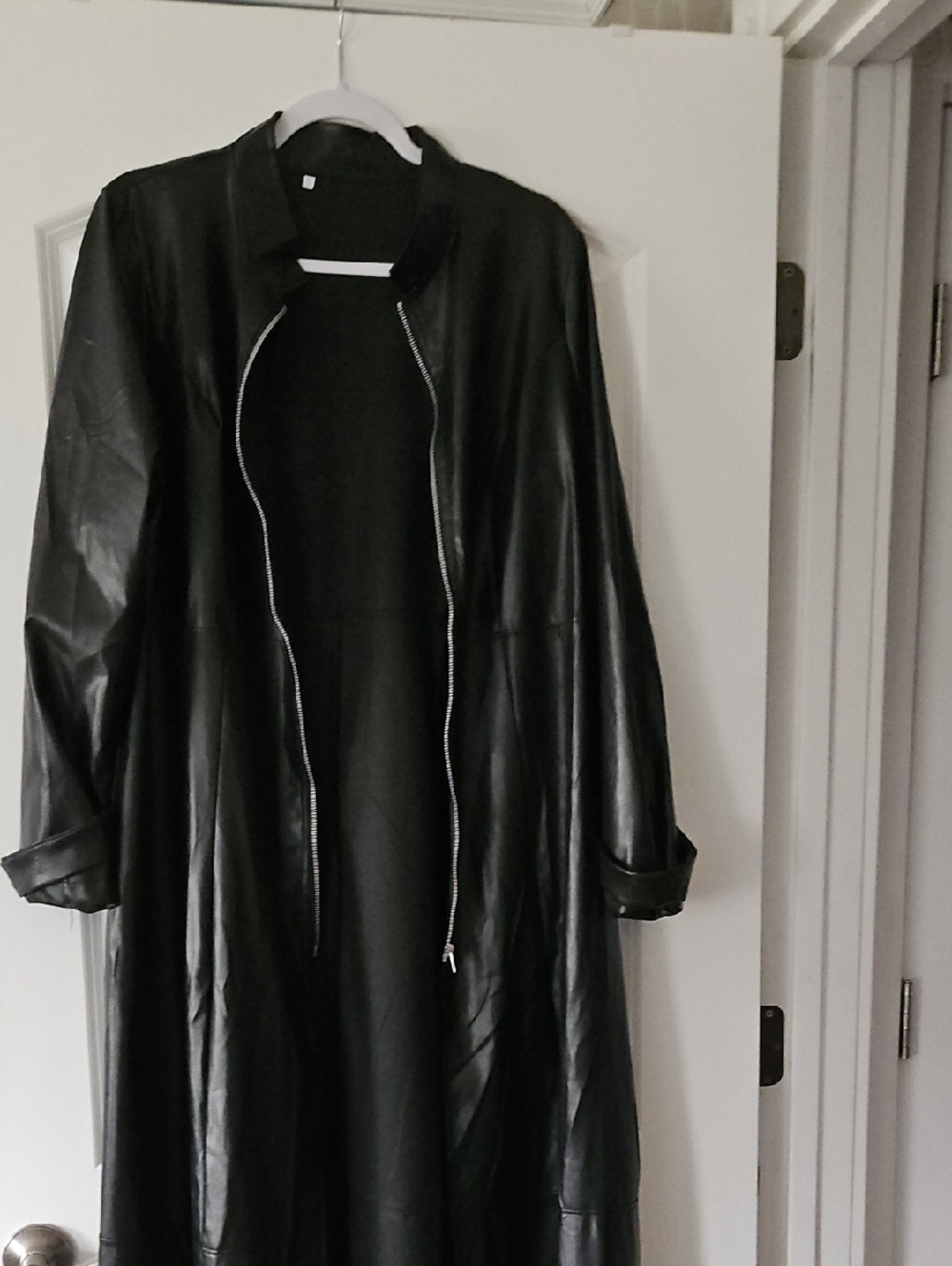 Black Long Faux Leather Coat - Women's Zip-Front Trench